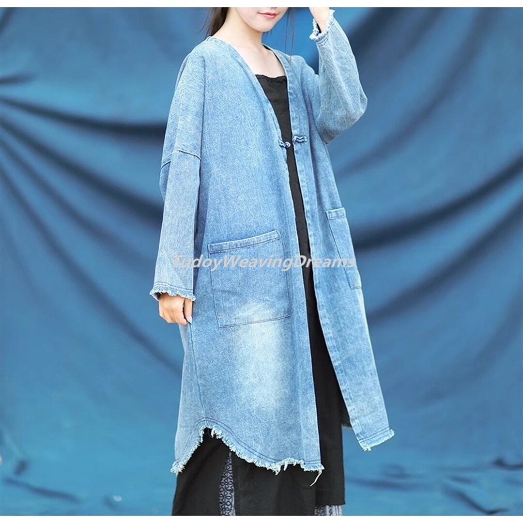 Long Denim Duster for Women Long Denim Jacket Embroidered Spring Fall