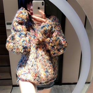 Women Chunky Sweater Rainbow Jumper Colorful Pullover Sweater Hand knit Coat