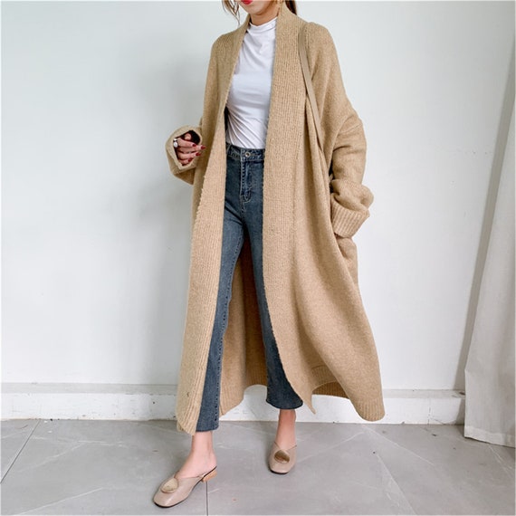  Women's Oversized Long Cardigan Sweaters Long Sleeve Split Open  Front Drape Knit Duster Coat Beige : Clothing, Shoes & Jewelry