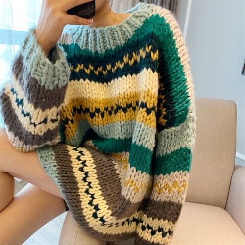 Chunky Knit Sweater Oversize for Women, Striped Sweatshirt ,colorful Pullover Sweater