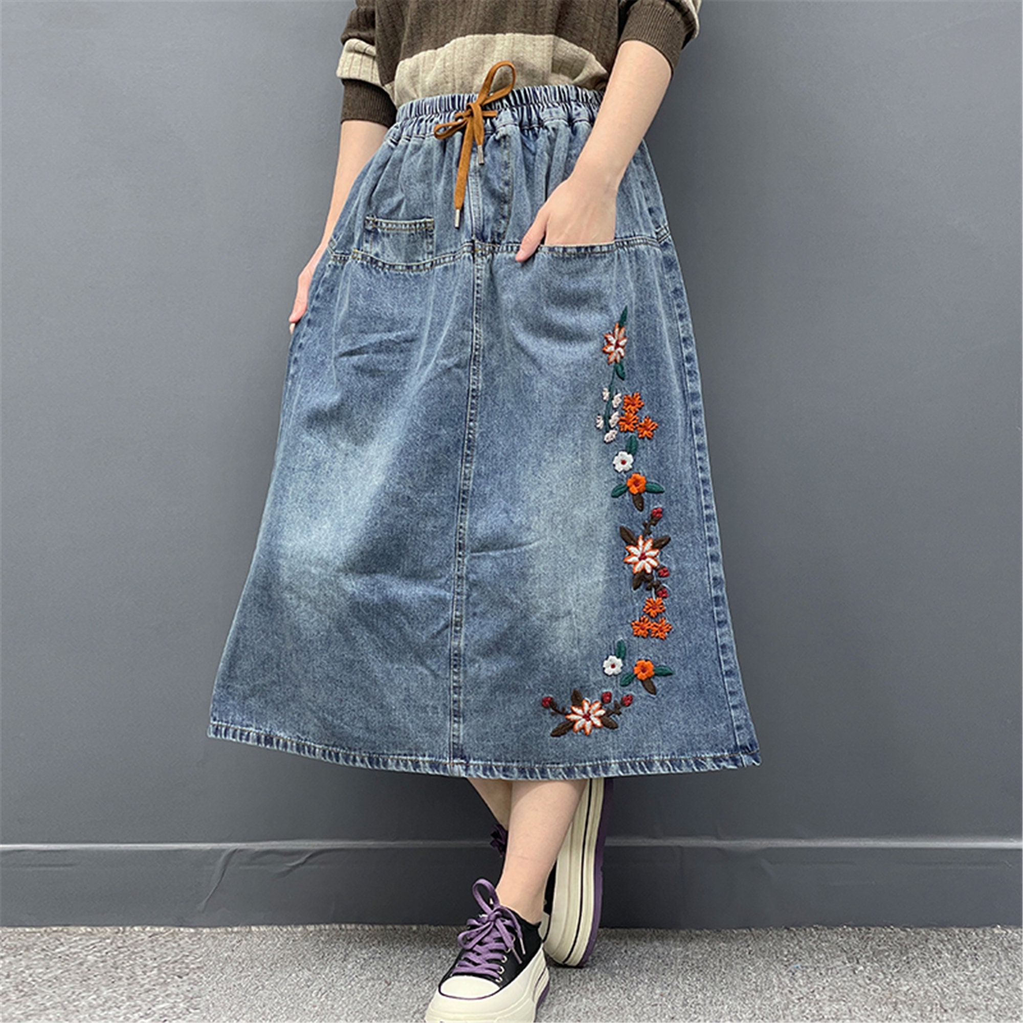 Buy Women's Solid Denim A-line Long Skirt at Amazon.in