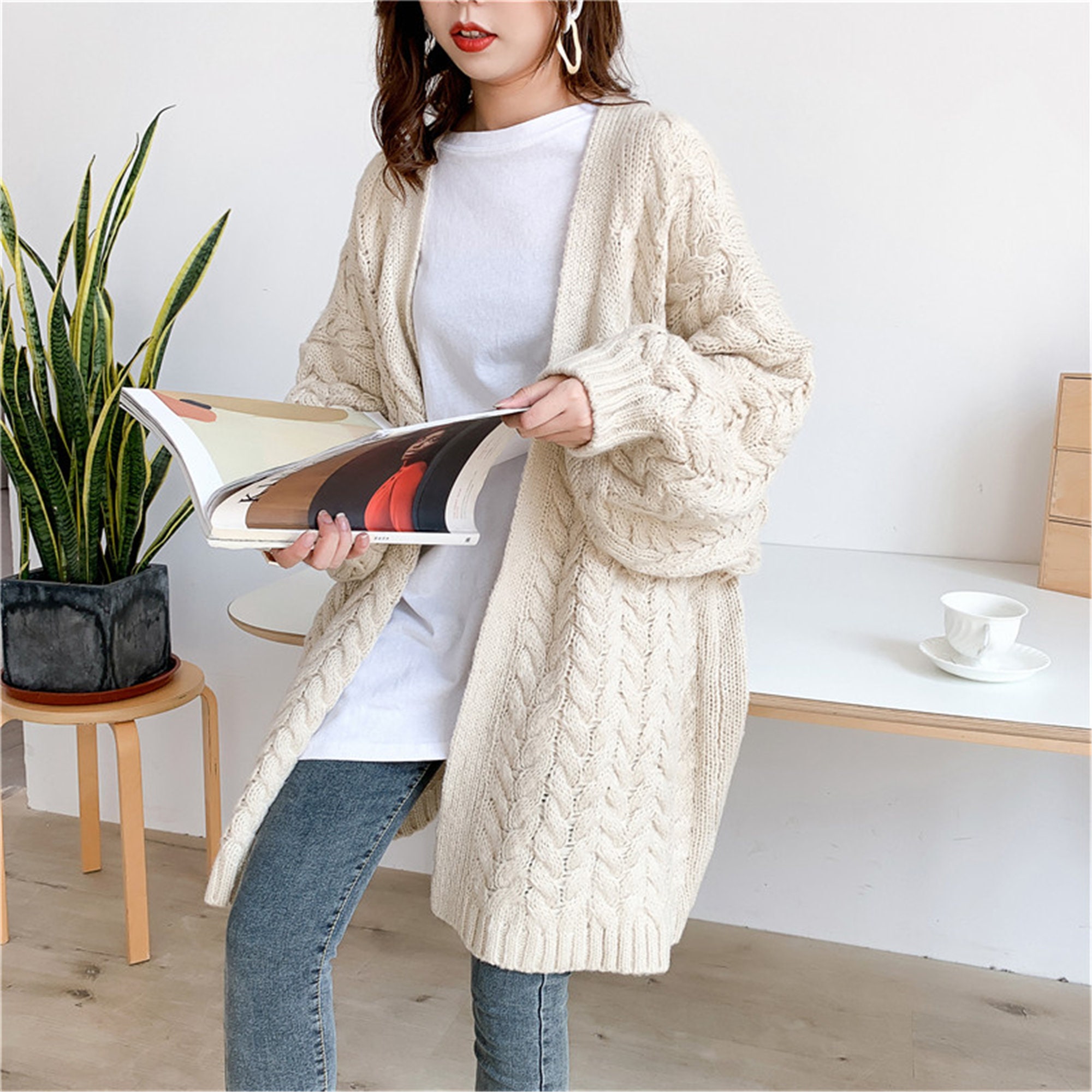 Midi Cable Cardigan Duster for Women Knitted Chunky Cardigan Plus