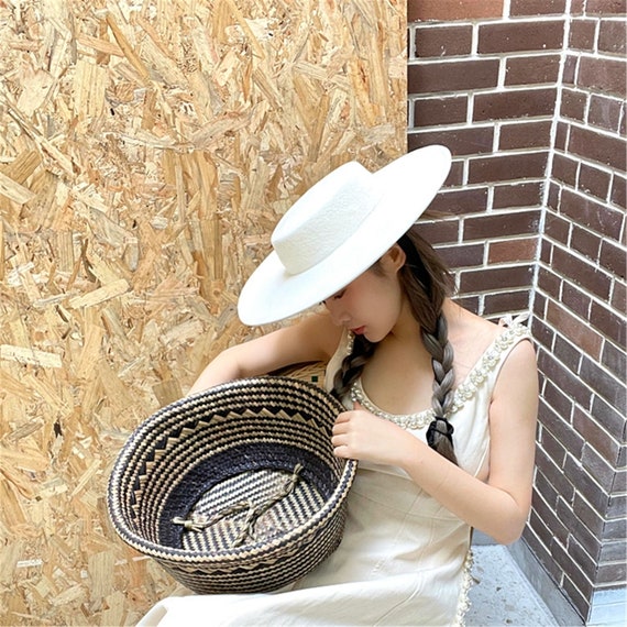 Black Wool Felt Boater Hat VIVIEN White 