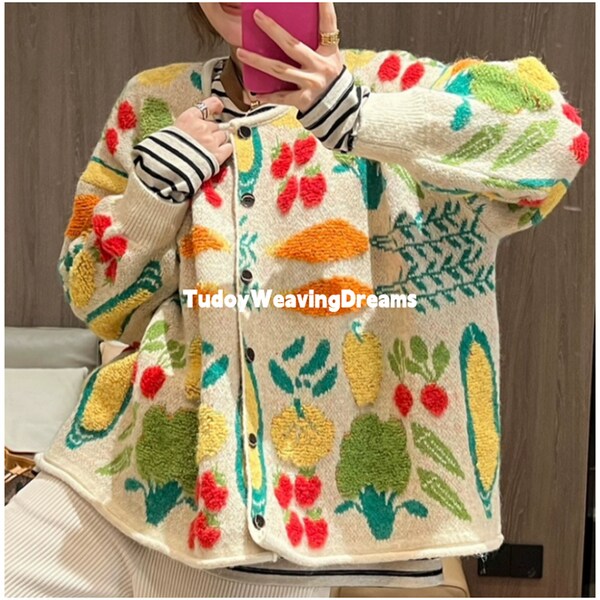 Vegetable Cardigan Women Retro Cute Knitted Colorful Sweater Cottagecore Knit Jacket Oversized