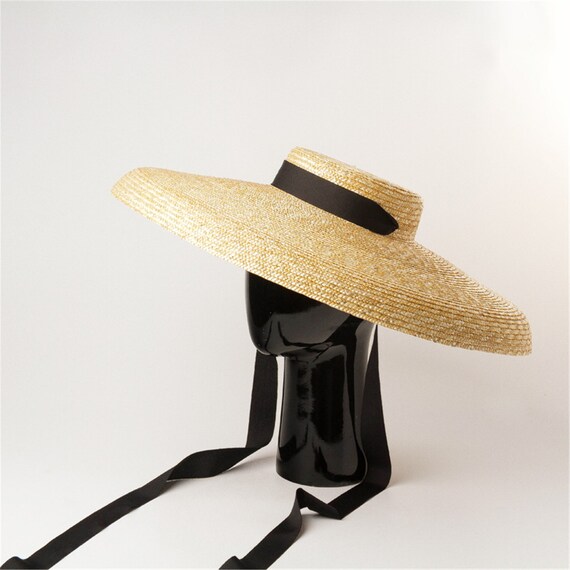 Wide Brim Straw Hat Black Ribbon Tie Women Straw Lampshade Etsy