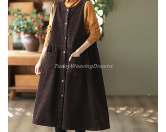 Pinafore Corduroy Dress For Woman Winter Jumper Dress Sleeveless Smock  Apron Dress