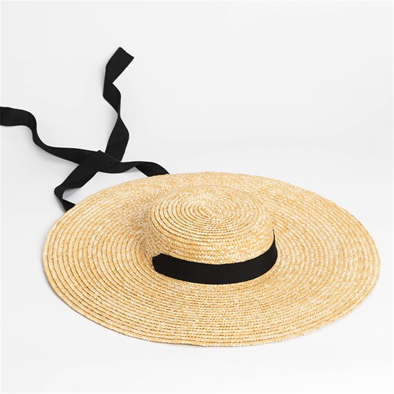 Straw Boater Hat Ribbon Women wide Brim 