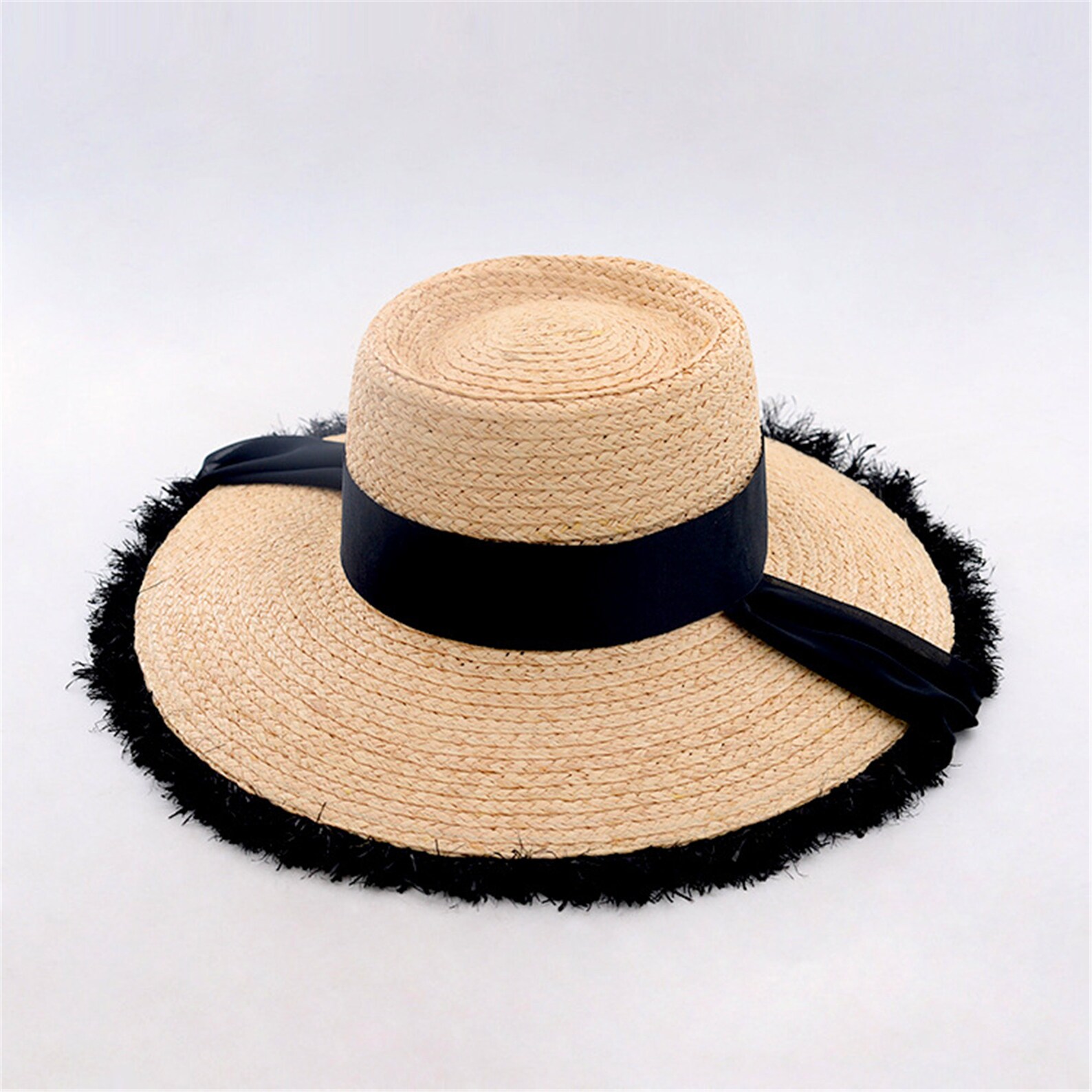 Women Ribbon Chin Strap Raffia Raw Edge Straw Hat Etsy