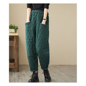 Cotton Quilted Pants Women Winter Warm Pants Baggy Harem Trousers Elastic Cuff Pants