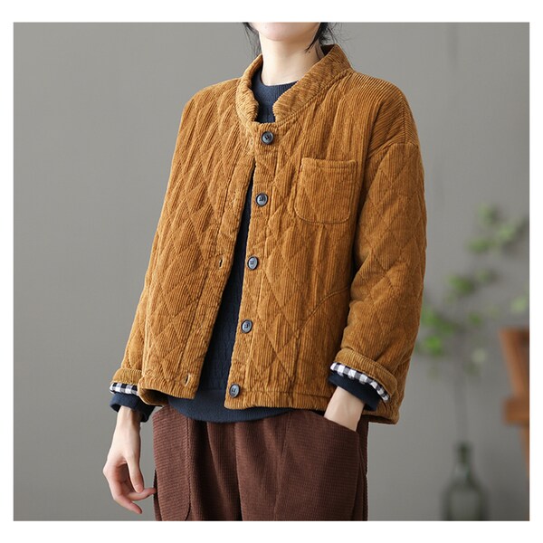 Women Winter Coat Vintage Quilted Jacket Cotton Warm Coat Corduroy Outwear
