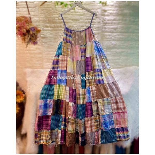 Frauen Patchwork Prärie Kleid Sommer Slip Maxi Lange Riemchen Kleid Boho Urlaub Ärmellos Rock Handgemacht