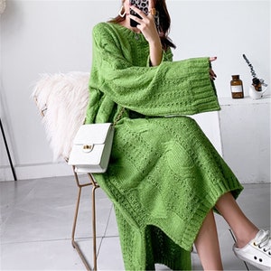 Women Winter Cable Sweater Dress Maxi  Plus Size ,Chunky Knit Dress Boho Oversize ,Long Wool Warm Sweater Dress