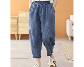 Vintage Baggy Jeans Women Denim Harem Pants Elastic Waist Cropped Cuff Pants Trousers Plus Size