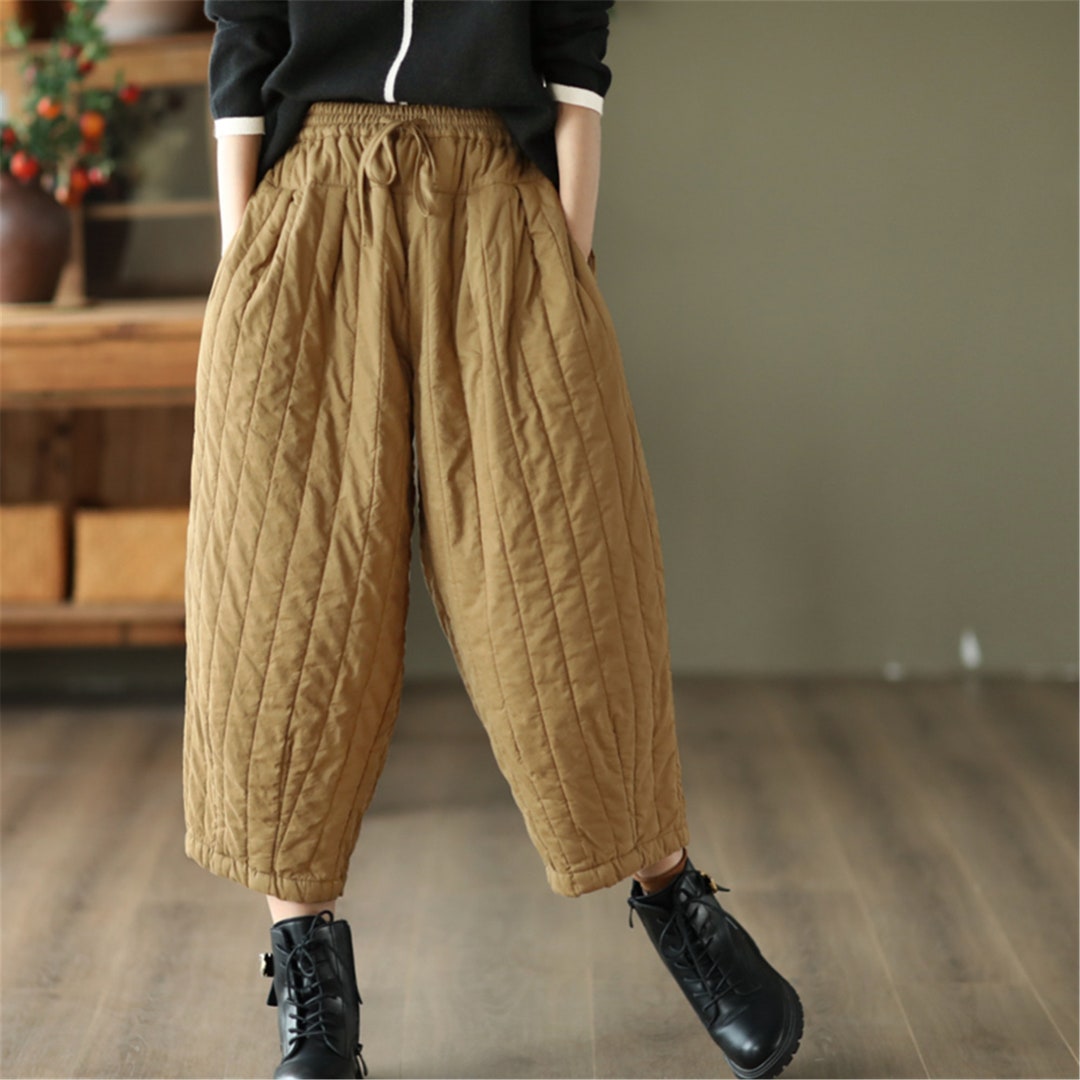 Women Quilted Pants Winter Thick Warm Pants Vintage Padded Trousers Elastic  Pants Loose 