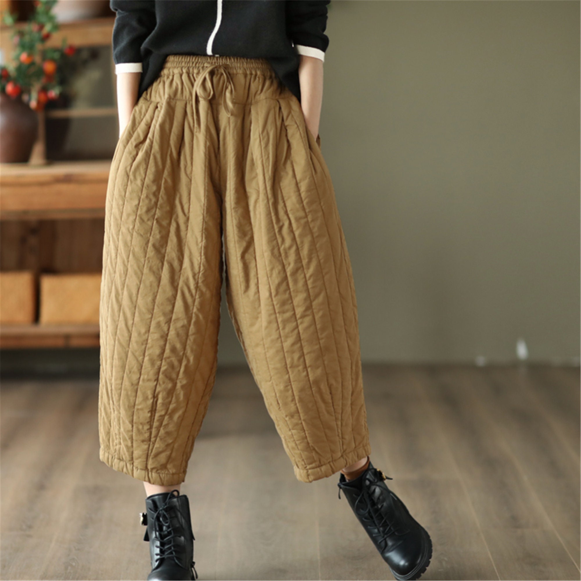 Women Quilted Pants Winter Thick Warm Pants Vintage Padded