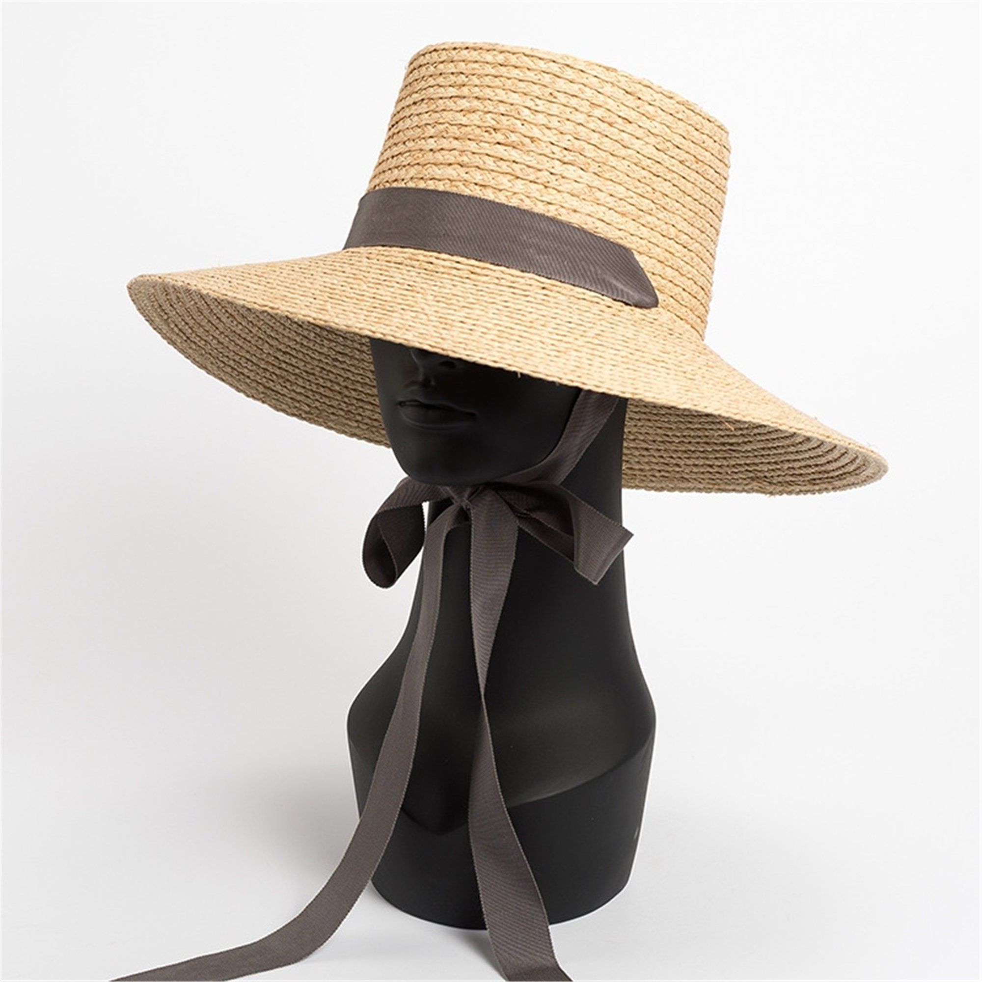 Raffia Straw Hat With Ribbon Chin Strap Tie Straw Sun Hat Etsy Canada