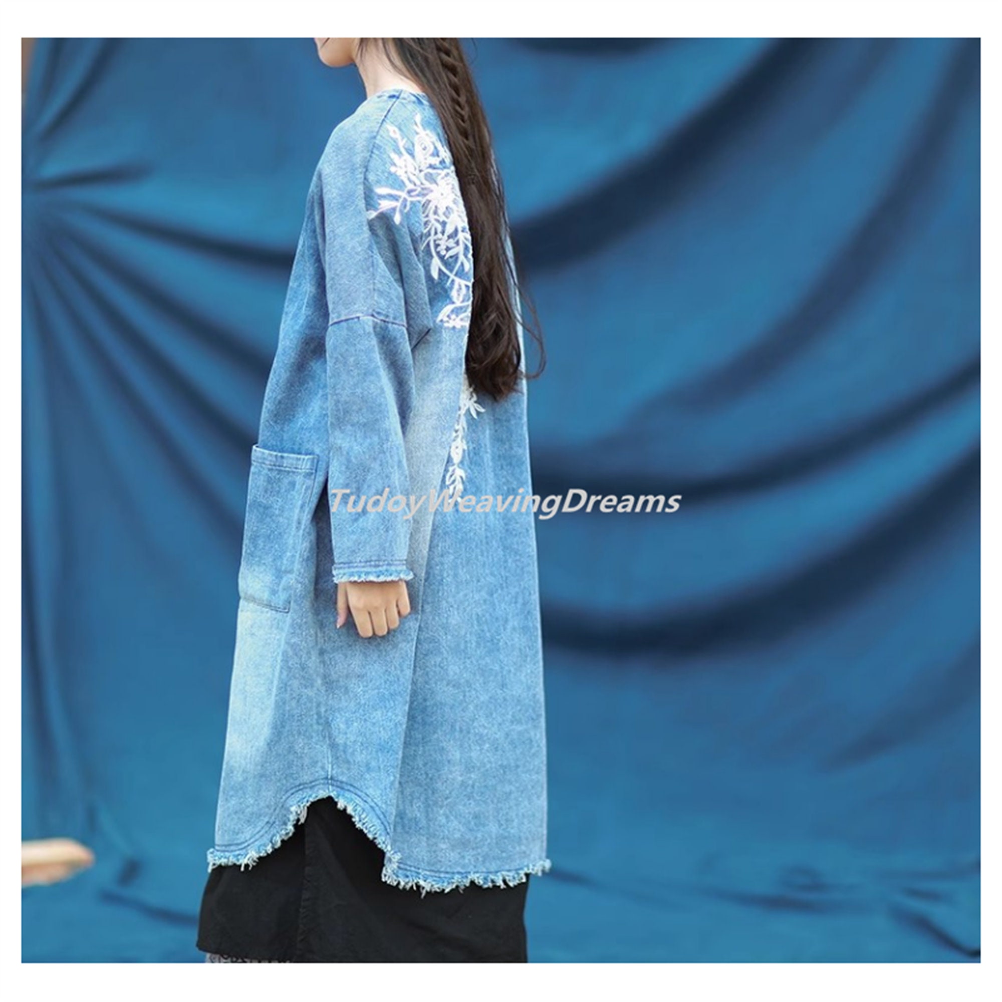 Long Denim Duster for Women Long Denim Jacket Embroidered Spring Fall