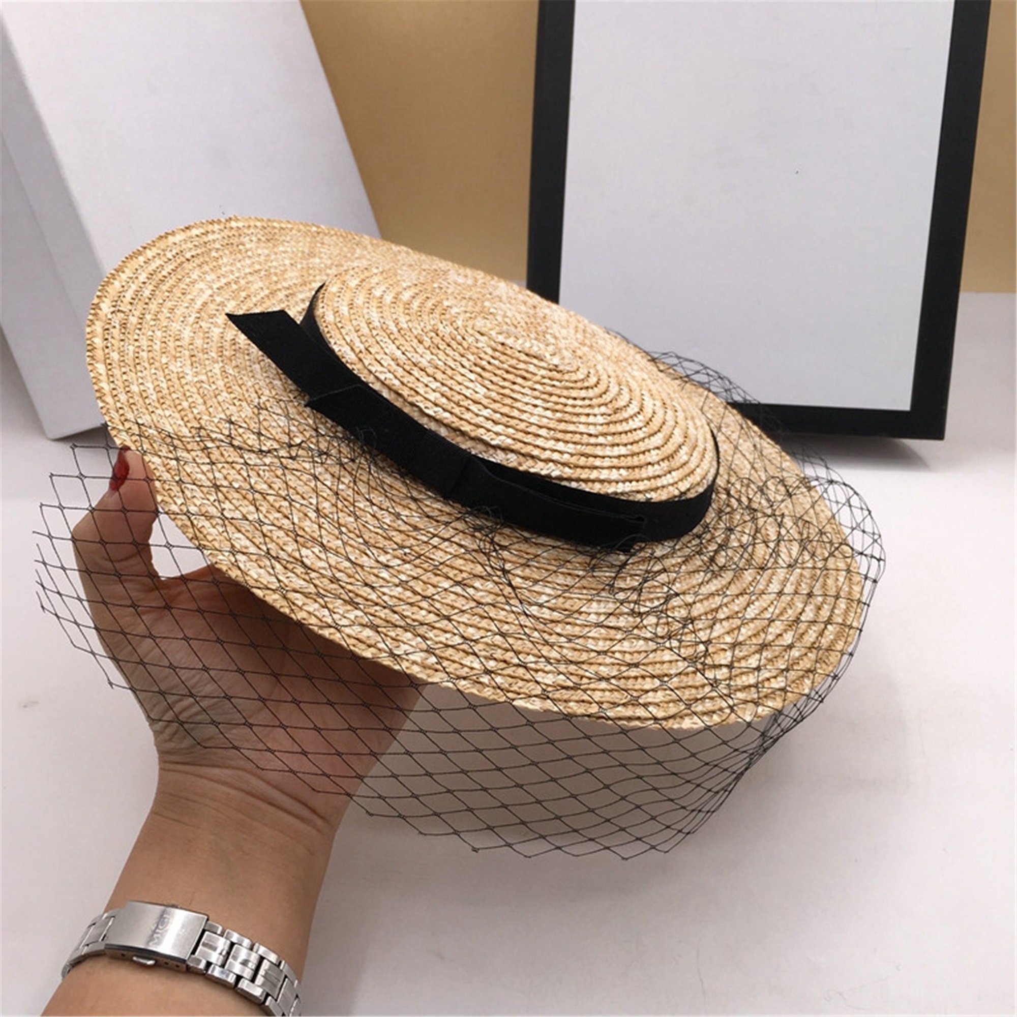 Flat Top Skimmer Shallow Boater Straw Hat Kentucky Derby Hat Etsy