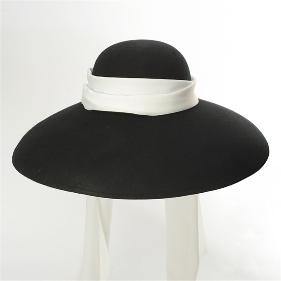 Vintage Black Audrey Hepburn Felt Hat White Scarf Women, Wide Brim Dome Top Hat ,Designer Wool Hat