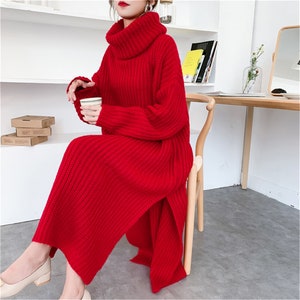 Maxi Sweater Dress Women Plus Size Winter Turtleneck Dress Warm Sweater Dress Outfit Chunky Knit Dress Red