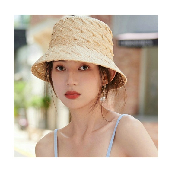 Retro Raffia Straw Bucket Hat Women Straw Cloche Hat Small Brim Sun Hat 