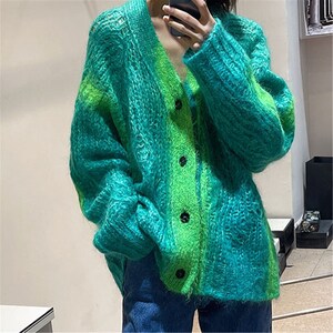 Mohair Cardigan Vintage Women, Gradient Sweater Cardigan ,Oversize Hand Knitted Green Jack