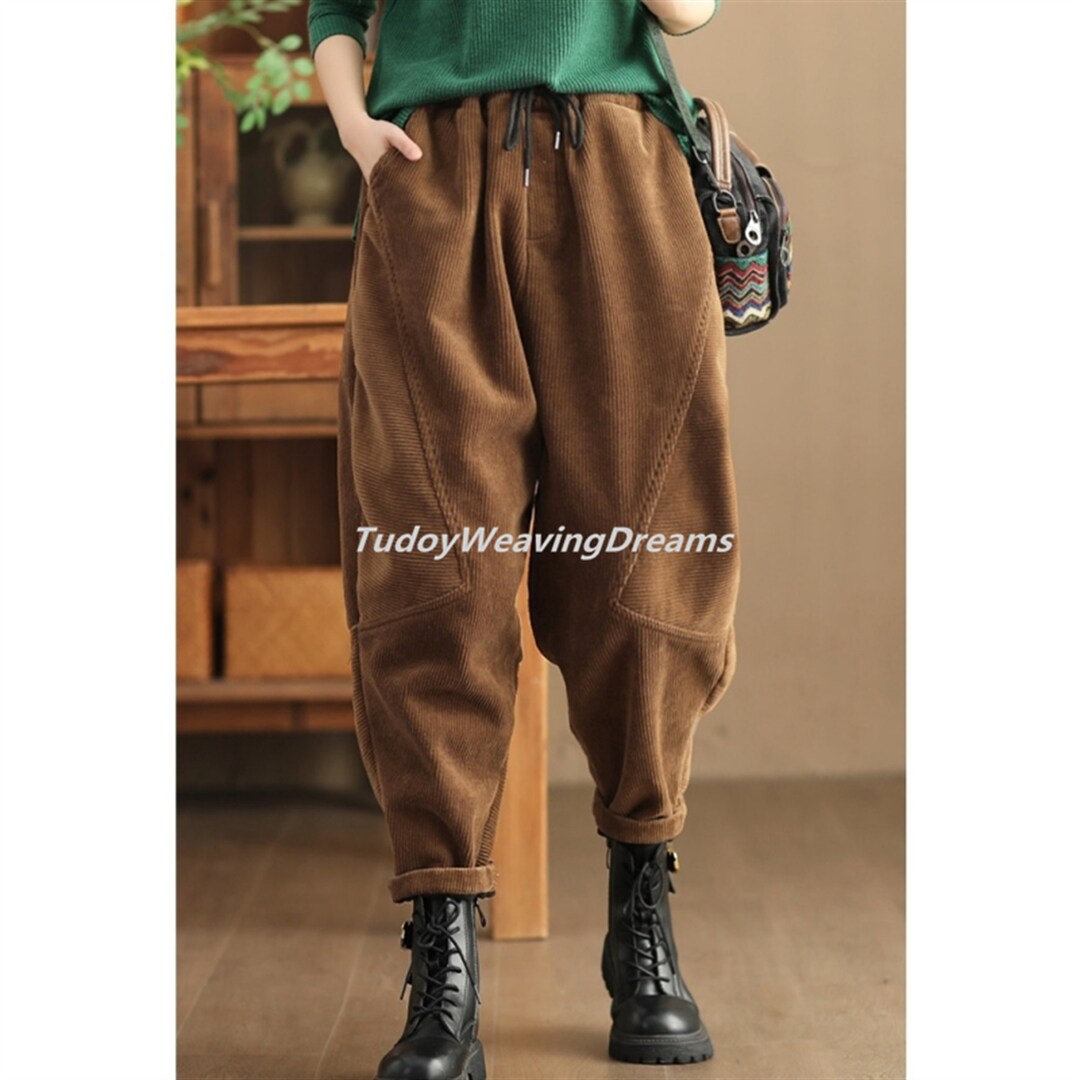 Winter Fleece Lined Pants Women Warm Corduroy Pants Ladies Fleece Harem