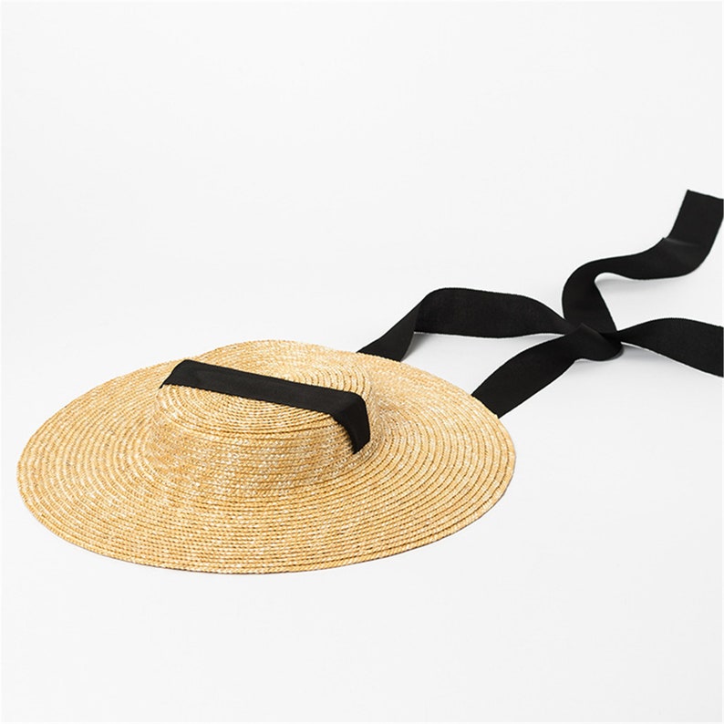 Edwardian Straw Boater Hat Ribbon Strap Flat Wide Brim Straw Etsy