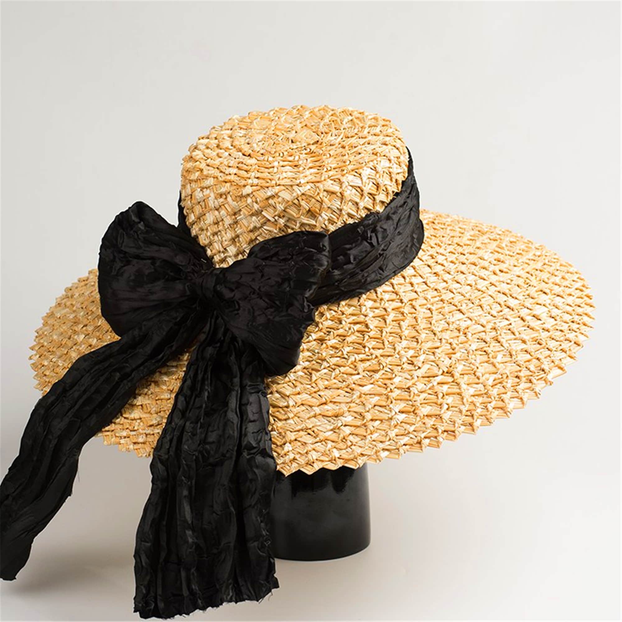 Ribbon Bow Flat Top Large Brim Straw Hat Women Etsy