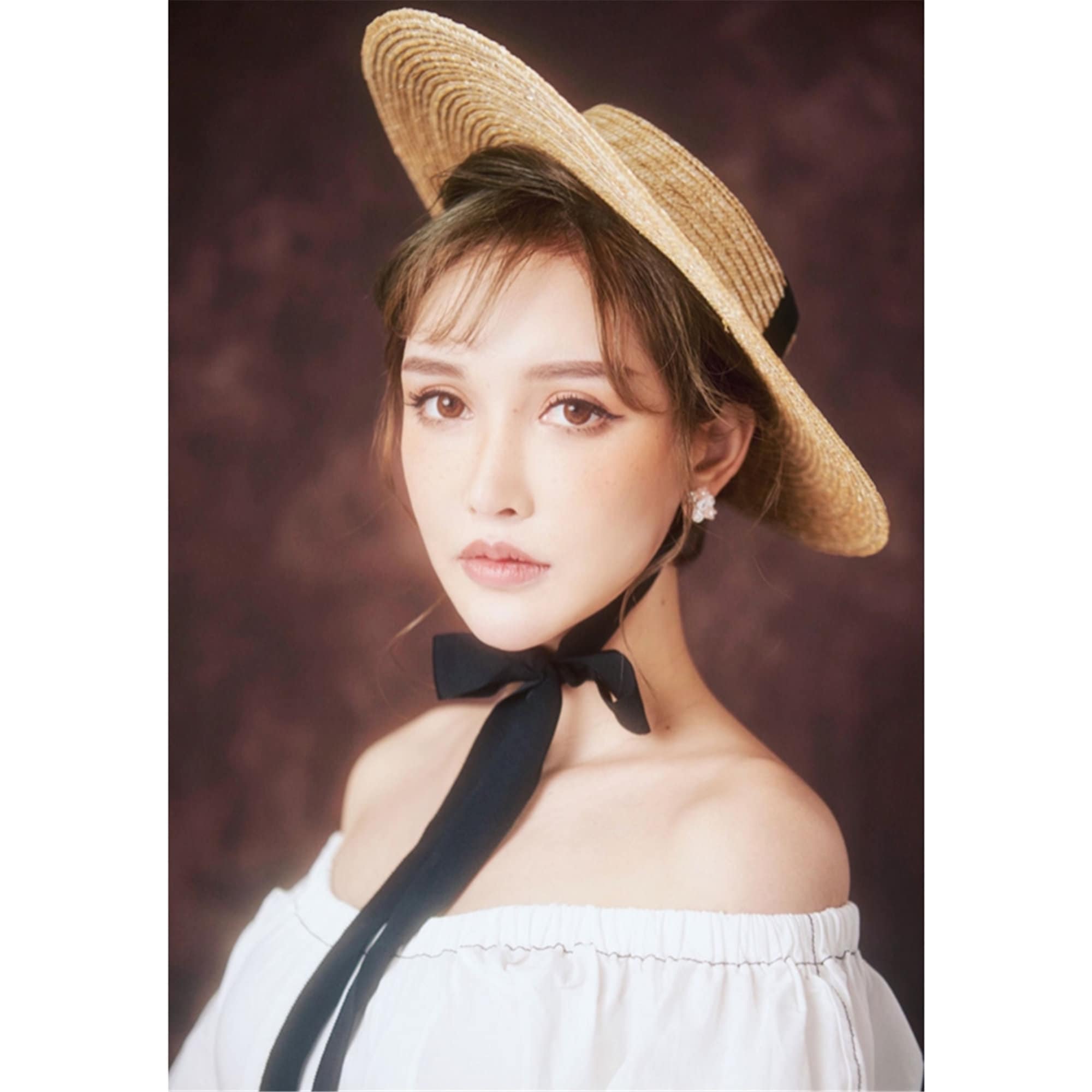 Edwardian Straw Boater Hat Ribbon Strap Flat Wide Brim Straw