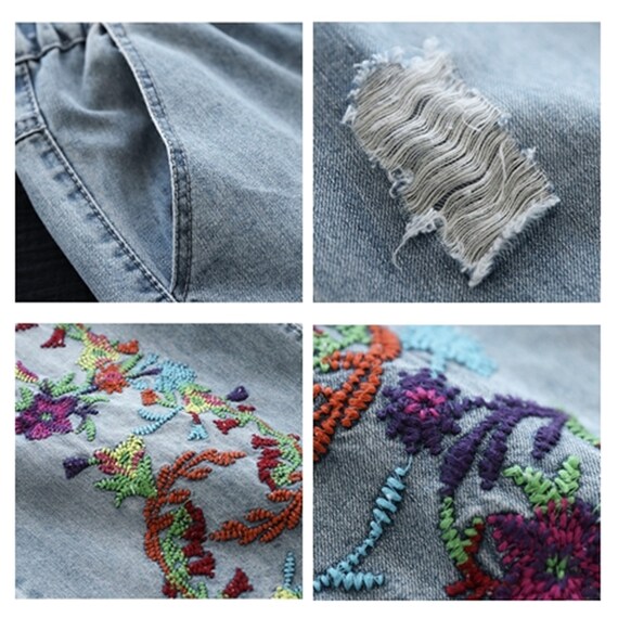 Vintage Embroidered Floral Jeans, Blue Embroidered Denim Pants