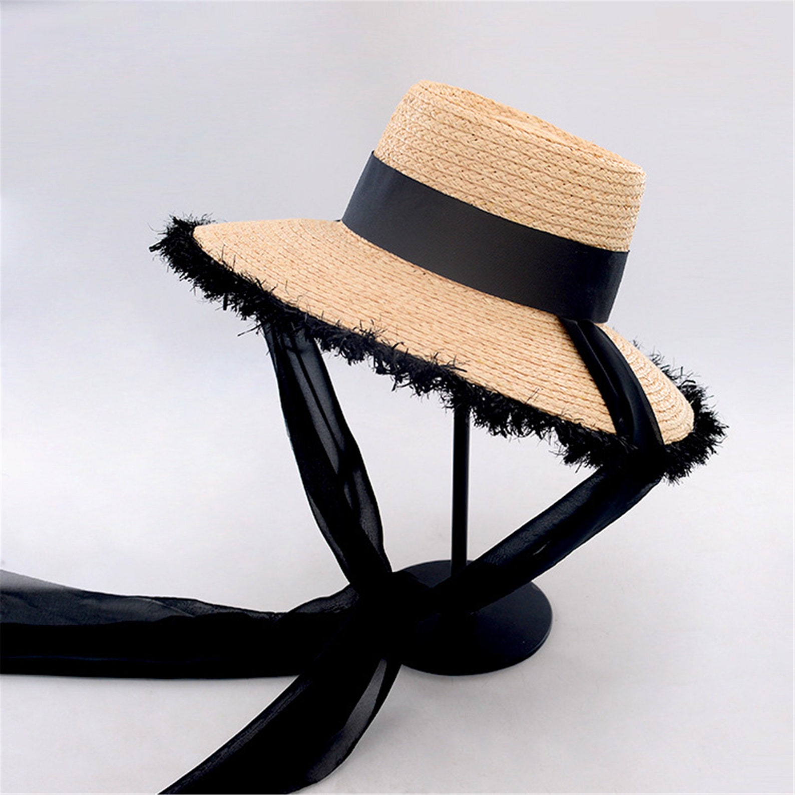 Women Ribbon Chin Strap Raffia Raw Edge Straw Hat Etsy
