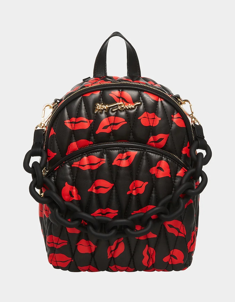 Betsey Johnson Kitsch Midi Backpack Puffed Nylon Red Lip & Lips