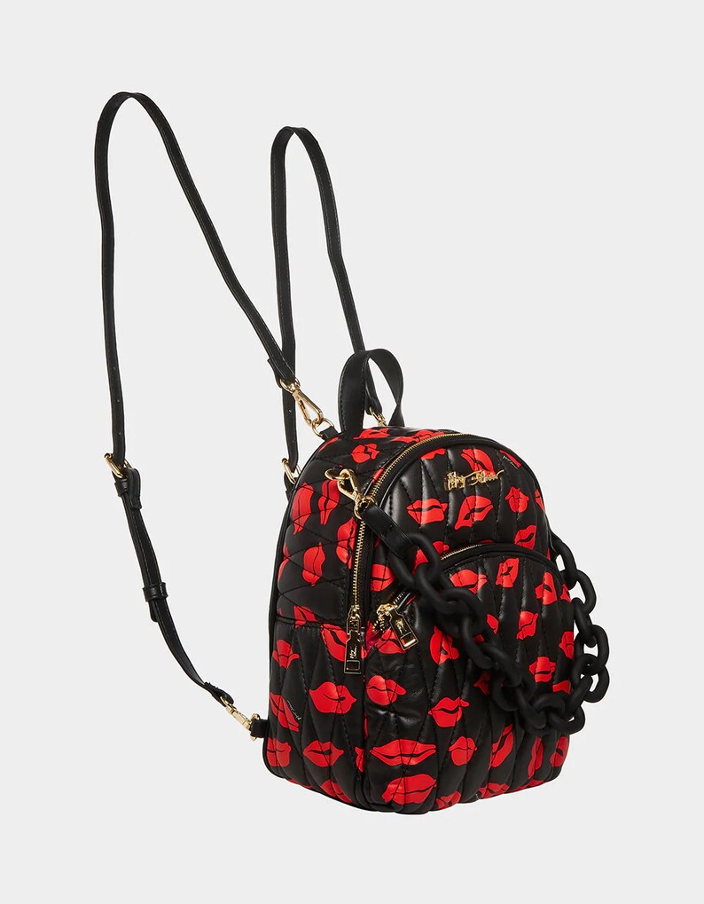 Betsey Johnson Kitsch Midi Backpack Puffed Nylon Red Lip & Lips