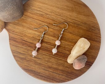 Beaded earrings, pink beaded earrings, dangle earrings, jewelry gifts, pretty earrings, silver earrings