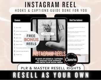 Instagram Reel Hooks and Captions, Master Resell Rights, PLR, Done for You Social Media Content Hooks, Grow Instagram Audience Engagement