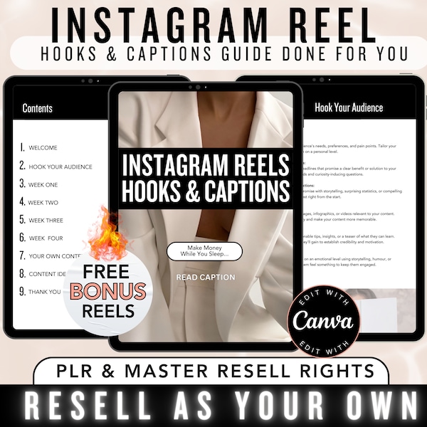 Instagram Reel Hooks and Captions, Master Resell Rights, PLR, Done for You Social Media Content Hooks, Grow Instagram Audience Engagement