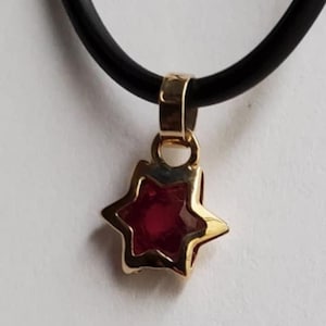 May include: A gold star pendant necklace with a red gemstone. The necklace is on a black cord.