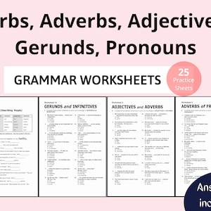 Könnte beinhalten: Ein Satz von 25 druckbaren Grammatik-Arbeitsblättern für Schüler, um die Verwendung von Adjektiven, Adverbien, Gerundien, Infinitiven und Adverbien der Häufigkeit zu üben. Die Arbeitsblätter sind mit "Adjektive", "Gerundien und Infinitive", "Adjektive und Adverbien" und "Adverbien der Häufigkeit" betitelt.