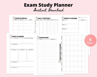 Exam Study Planner Printable | Student Exam Schedule Digital Download Sheets | Exam Timetable Scheduler | Essay Planner, Revision - 6 Pages