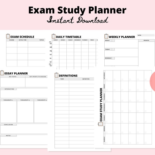 Prüfungsplaner zum Ausdrucken | Schülerprüfungsplan Digital Download Sheets | Prüfungsstundenplaner | Essay Planner, Revision - 6 Seiten