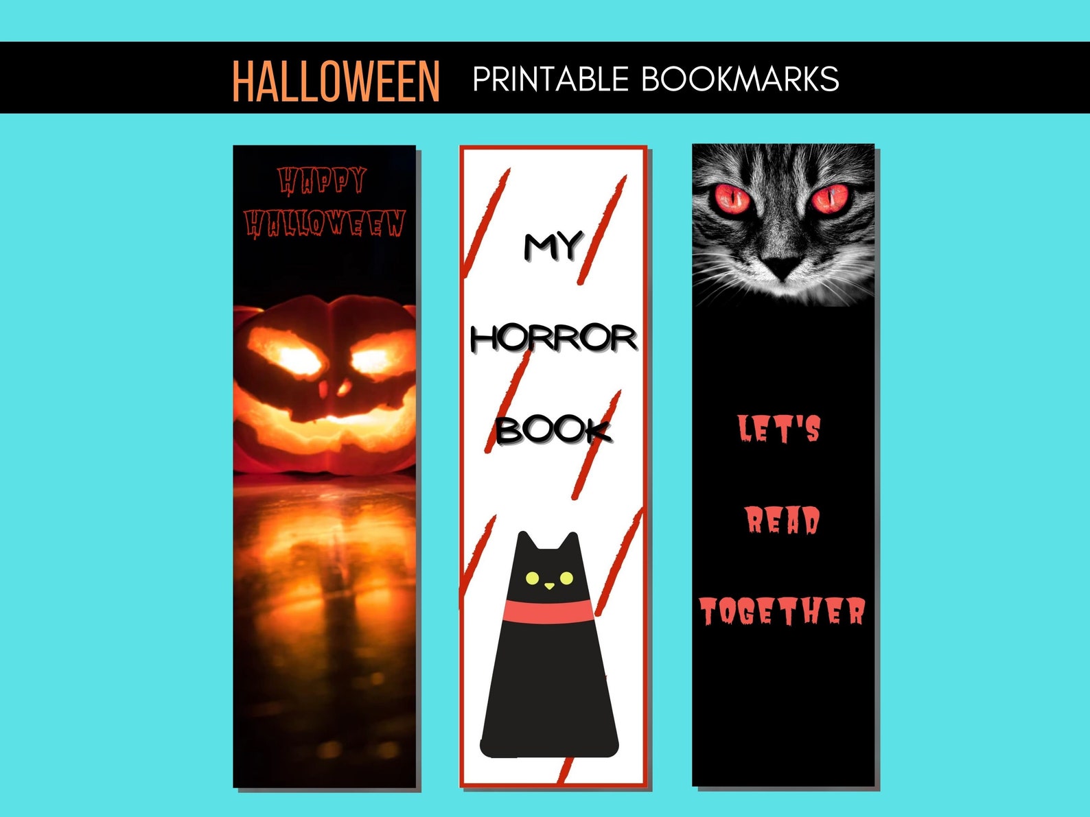 Printable Halloween Bookmarks Black Horror Bookmark Cat Etsy