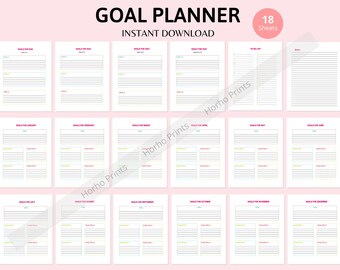 Könnte beinhalten: Druckbarer Zielplaner mit 18 Blättern. Jedes Blatt entspricht einem anderen Monat des Jahres. Die Blätter sind weiß mit schwarzen Linien und bunten Überschriften. Der Titel des Planers lautet "Goal Planner" mit dem Text "Sofortiger Download" und "18 Blätter" darunter.