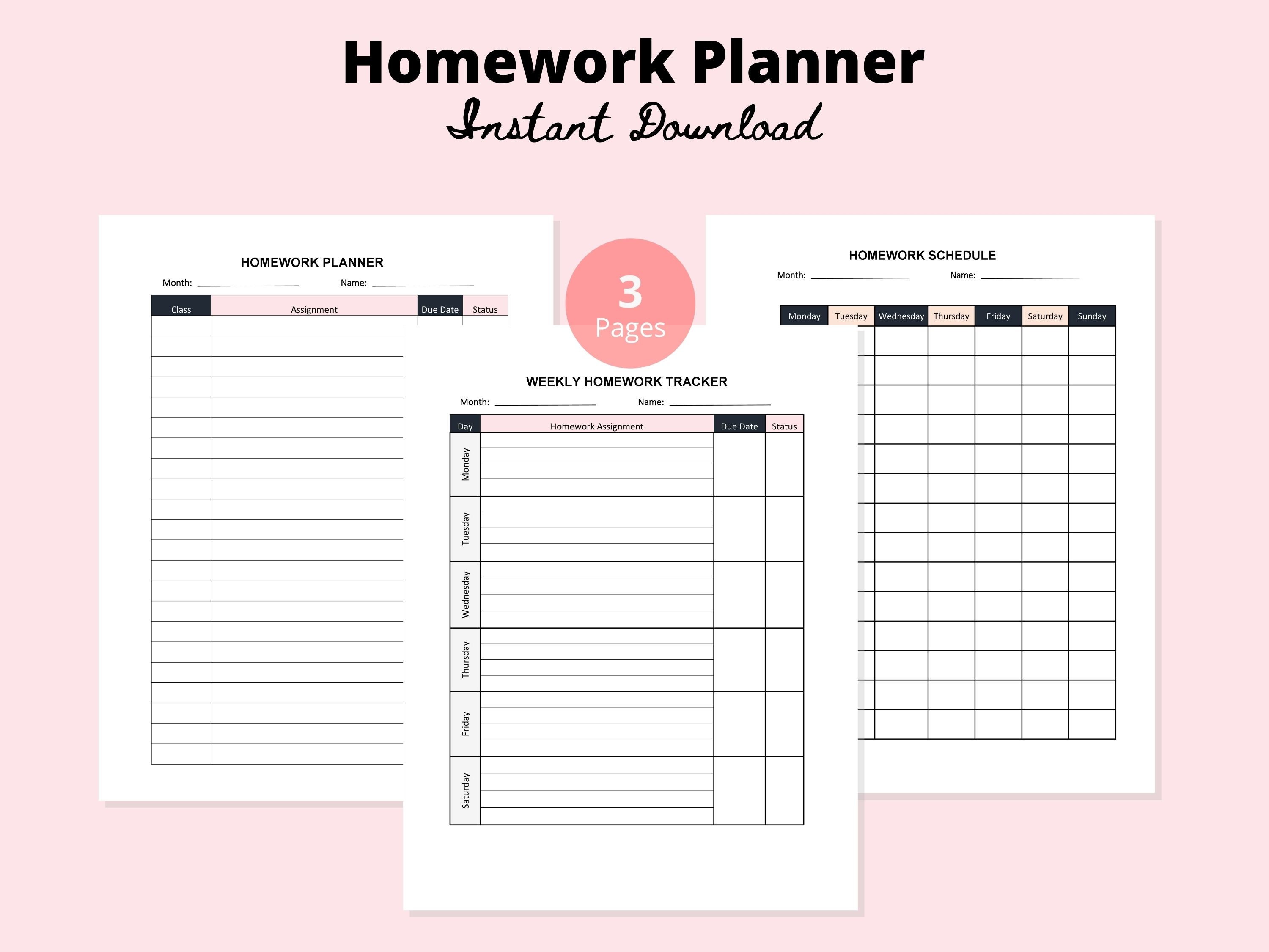 Homework Planner, Homework Tracker, Daily Weekly Homework