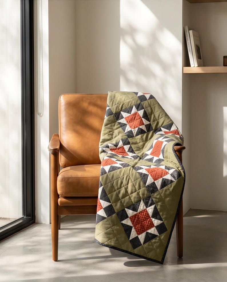 Handmade Star Quilt- Olive Green&rust Quilted Blanket, One of a Kind ...