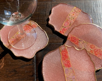 Floral Resin Coaster Set: Light Pink with Gold Leaf