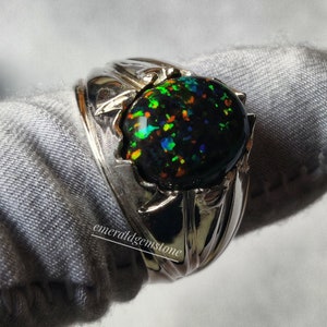 Natural Black Opal Ring/ Solid 925 Sterling Silver Ring/ Multi Fire Opal Ring/ Stylish Men&#39;s Heavy Ring/ Wedding Engagement Ring Gift