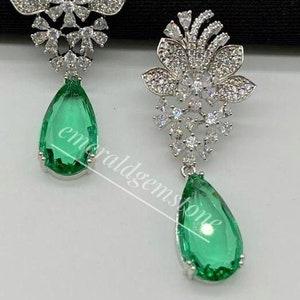 Emerald Women&#39;s Earring/ 925 Sterling Silver/ Women&#39;s Heavy Earrings/ May Birthstone/ Wedding Engagement Anniversary Jewelry/ Gift For Her