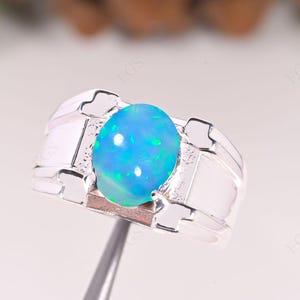 Opal Men&#39;s Ring 925 Sterling Silver Ring Green Fire Opal Ring Stylish Men&#39;s Ring Wedding Engagement Ring Gift for Him All Ring Size