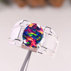 Blue Opal Signet Ring: 925 Sterling Silver, Turkish Handmade Mens Ring
